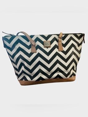 Dooney & Bourke Black & White Chevron Tote with Tan Trim and Handles